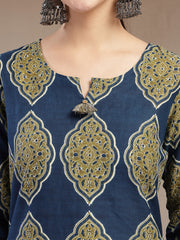 Stylum Women's Blue Ethnic Printed Cotton Straight Kurta (BLUERANGER)