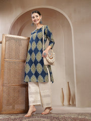 Stylum Women's Blue Ethnic Printed Cotton Straight Kurta (BLUERANGER)