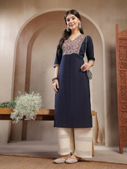Stylum Women's Navy Blue Solid Cotton Straight Kurta (BLUESTONE)