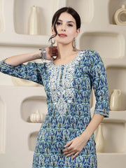 Women's Blue Printed & Embroidered Rayon Straight Chicken Kurta-BLUETONY