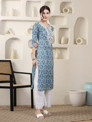 Women's Blue Printed & Embroidered Rayon Straight Chicken Kurta-BLUETONY