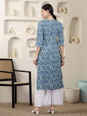 Women's Blue Printed & Embroidered Rayon Straight Chicken Kurta-BLUETONY