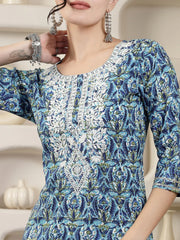 Women's Blue Printed & Embroidered Rayon Straight Chicken Kurta-BLUETONY