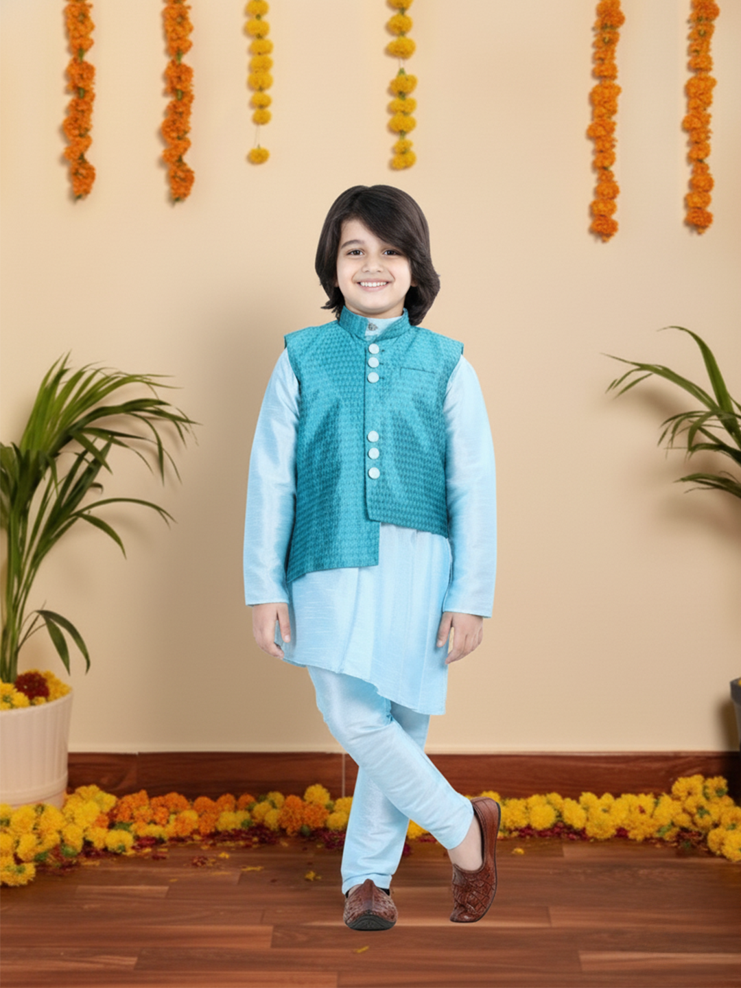 Silk Blend Kurta Pajama Set for Kids - Blue | BR22KP31BLB