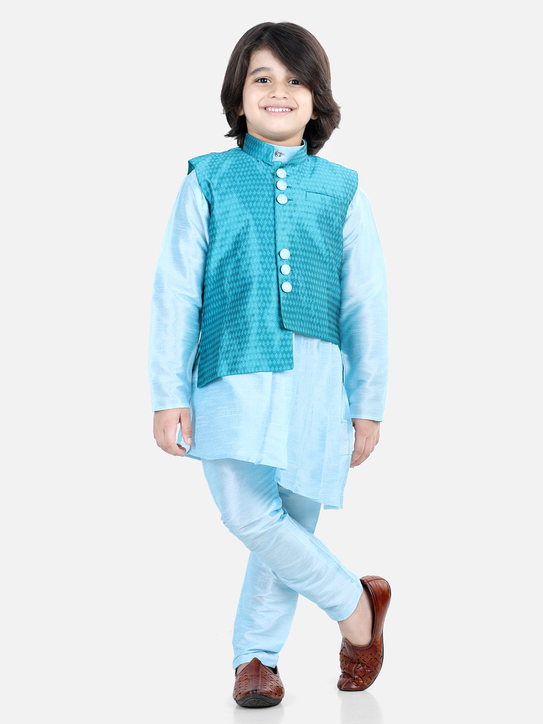 Silk Blend Kurta Pajama Set for Kids - Blue | BR22KP31BLB | DesiQlo