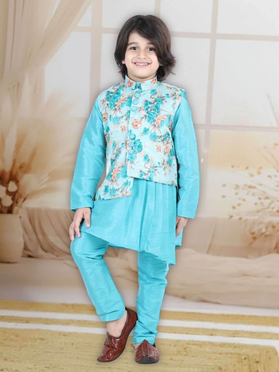 Silk Blend Kurta Pajama Set for Boys - Blue | BR22KP32BLB | DesiQlo