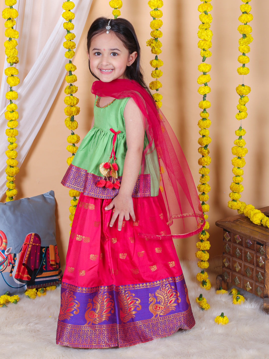 Silk Blend Lehenga Choli Set for Girls - Green | BR22LC36GRC | DesiQlo