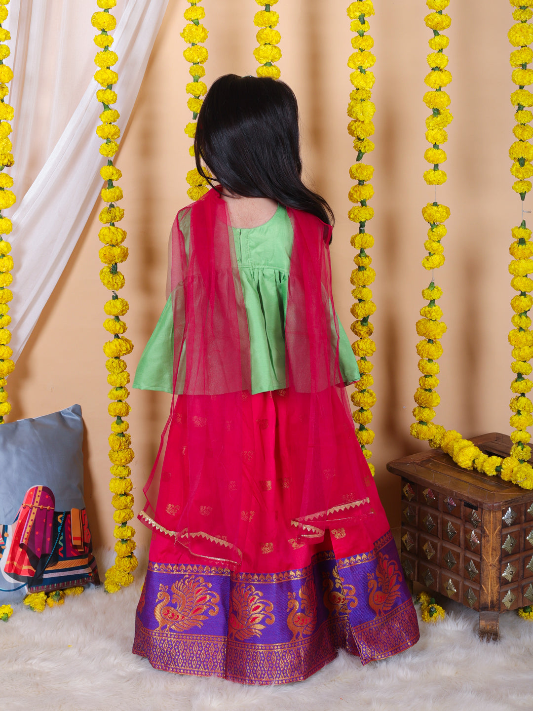 Silk Blend Lehenga Choli Set for Girls - Green | BR22LC36GRC | DesiQlo