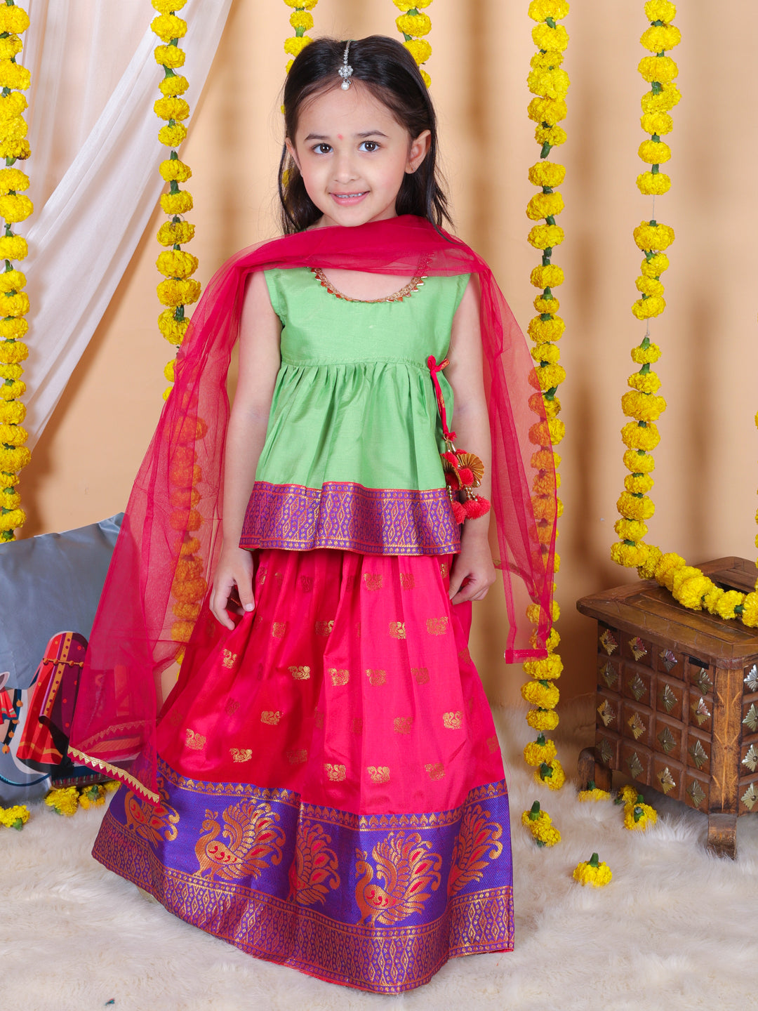 Silk Blend Lehenga Choli Set for Girls - Green | BR22LC36GRC | DesiQlo