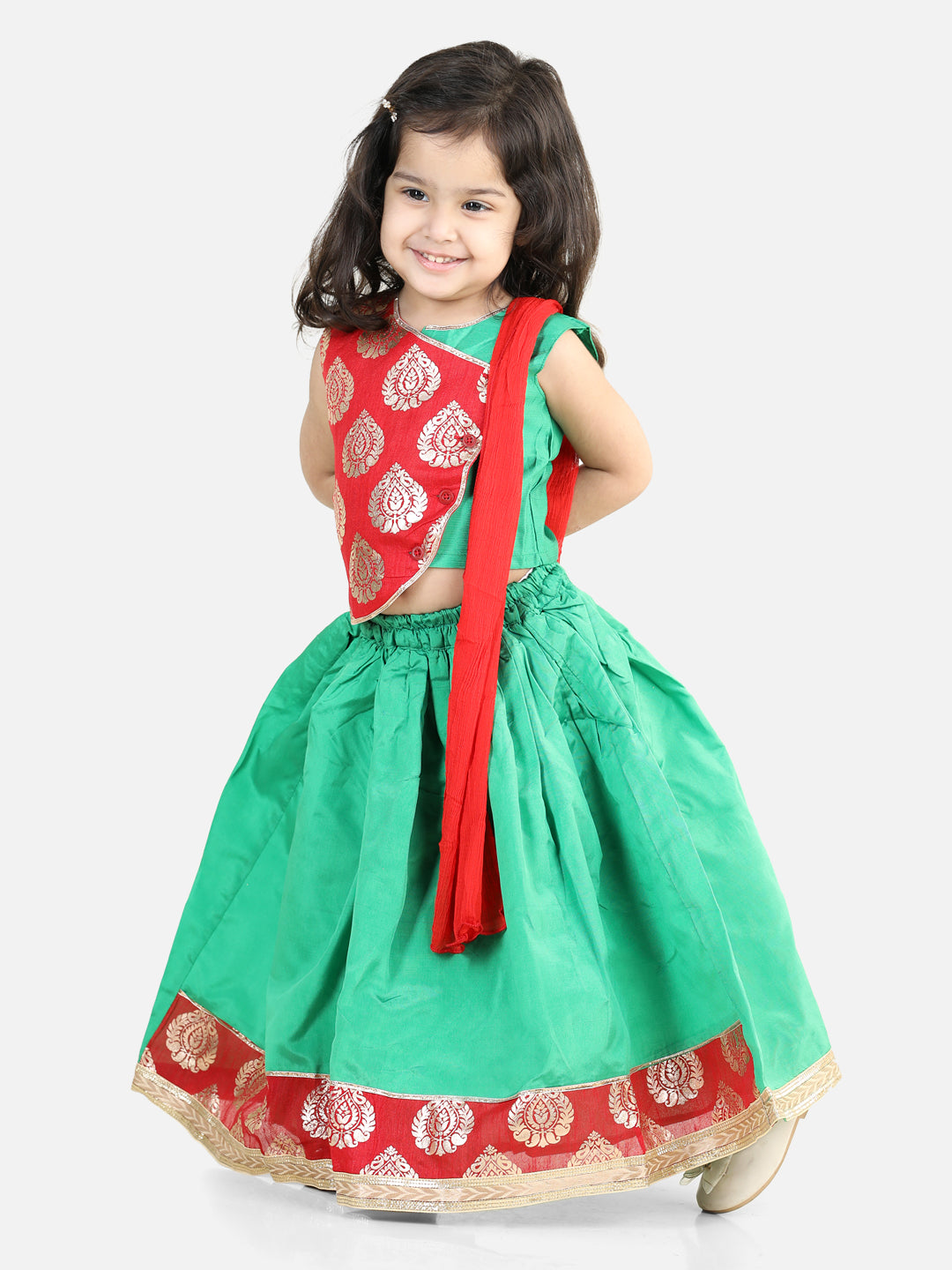 Taffeta Silk Lehenga Choli Set for Kids - Green | BR22LC42GRC | DesiQlo