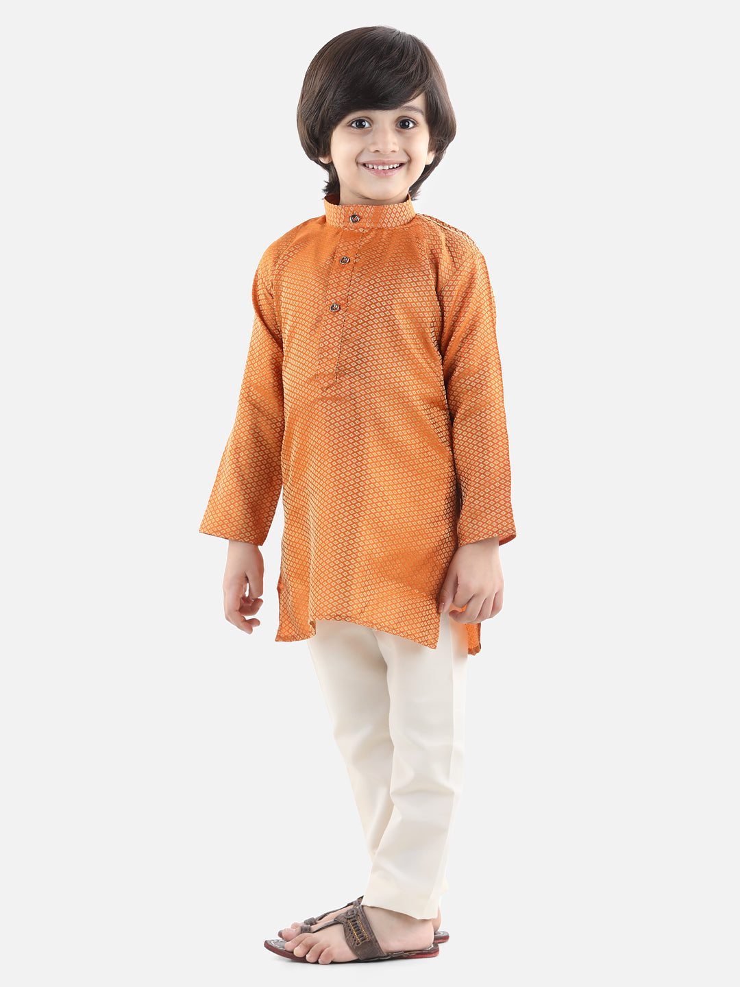 Silk Blend Kurta Pajama Set for Kids - Orange | BR23KP59ORA | DesiQlo