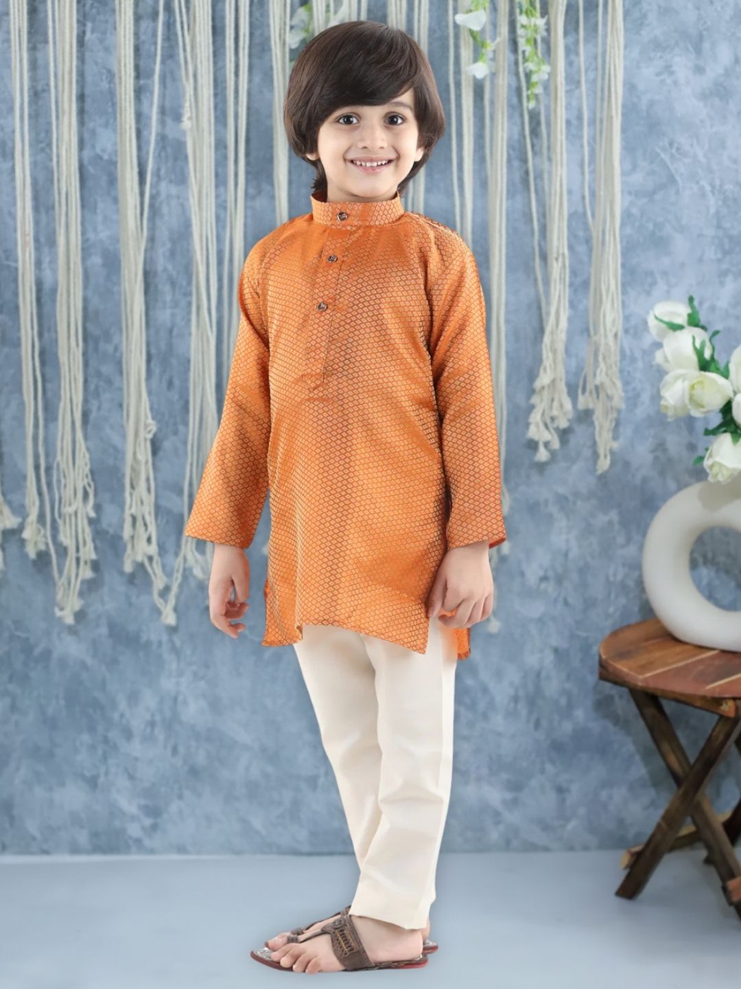 Silk Blend Kurta Pajama Set for Kids - Orange | BR23KP59ORA | DesiQlo