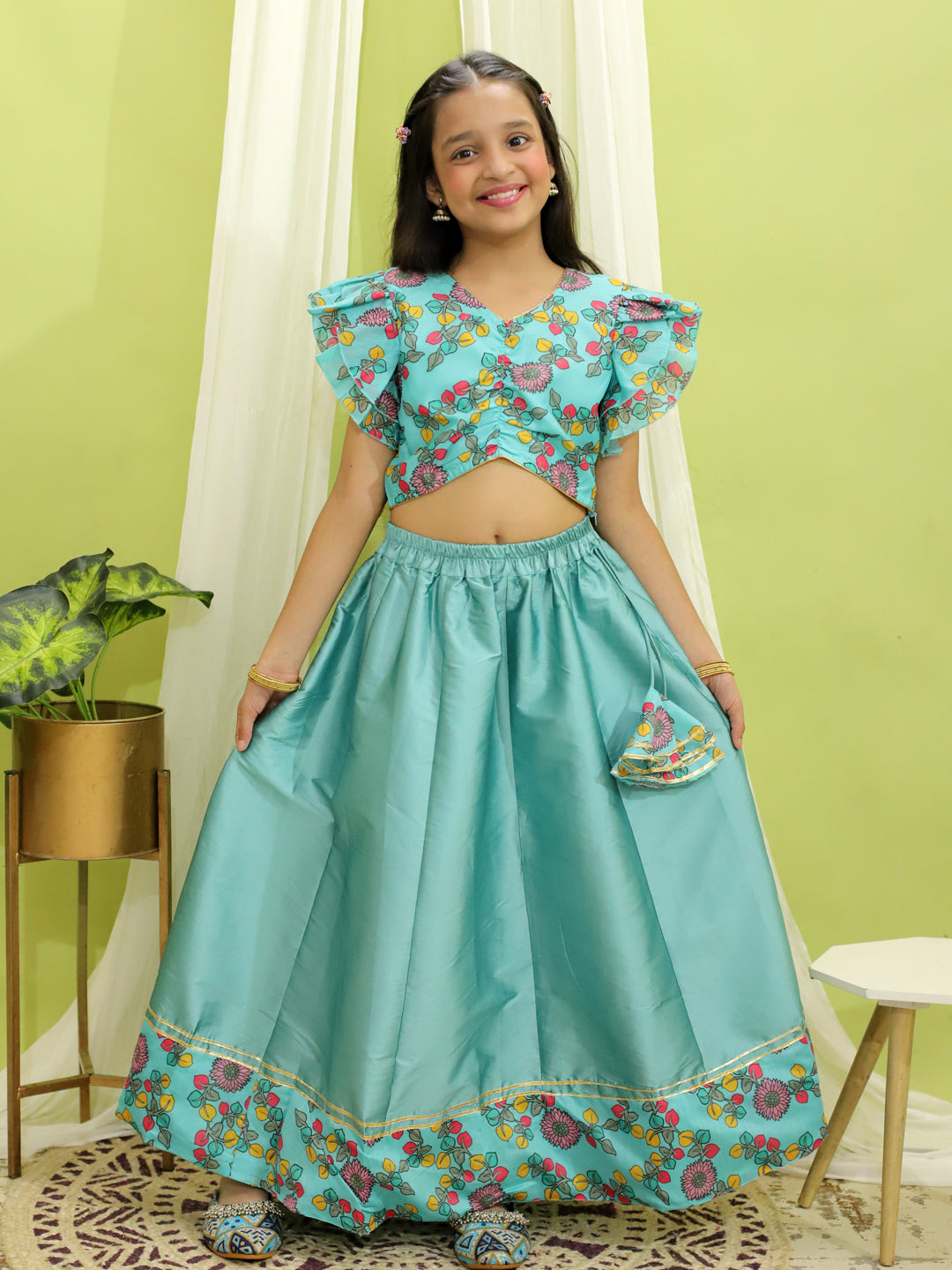 Chanderi Lehenga Choli Set for Girls - Blue | BR23LC54BLB | DesiQlo