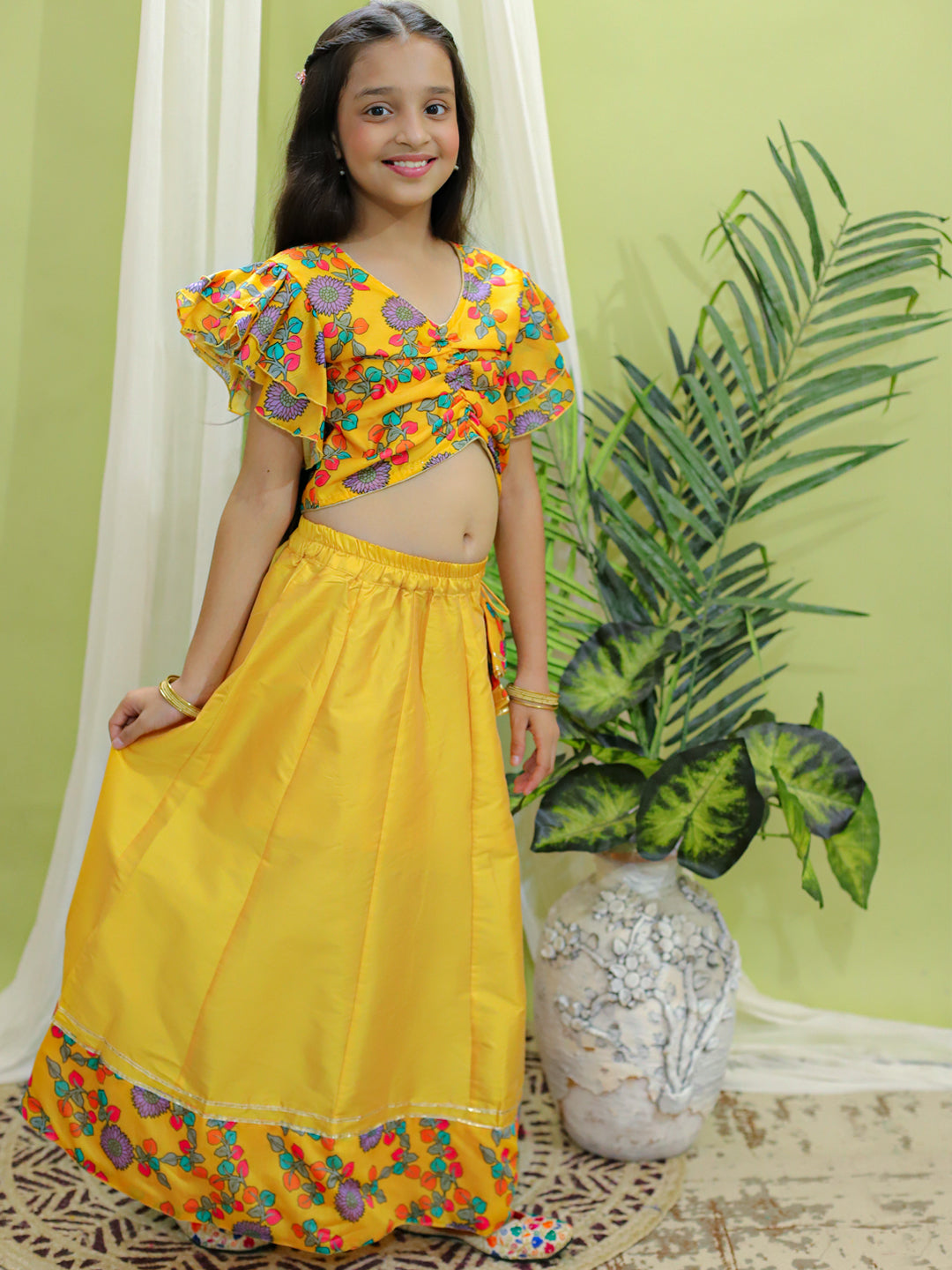 Chanderi Lehenga Choli Set for Girls - Yellow | BR23LC54YWB | DesiQlo