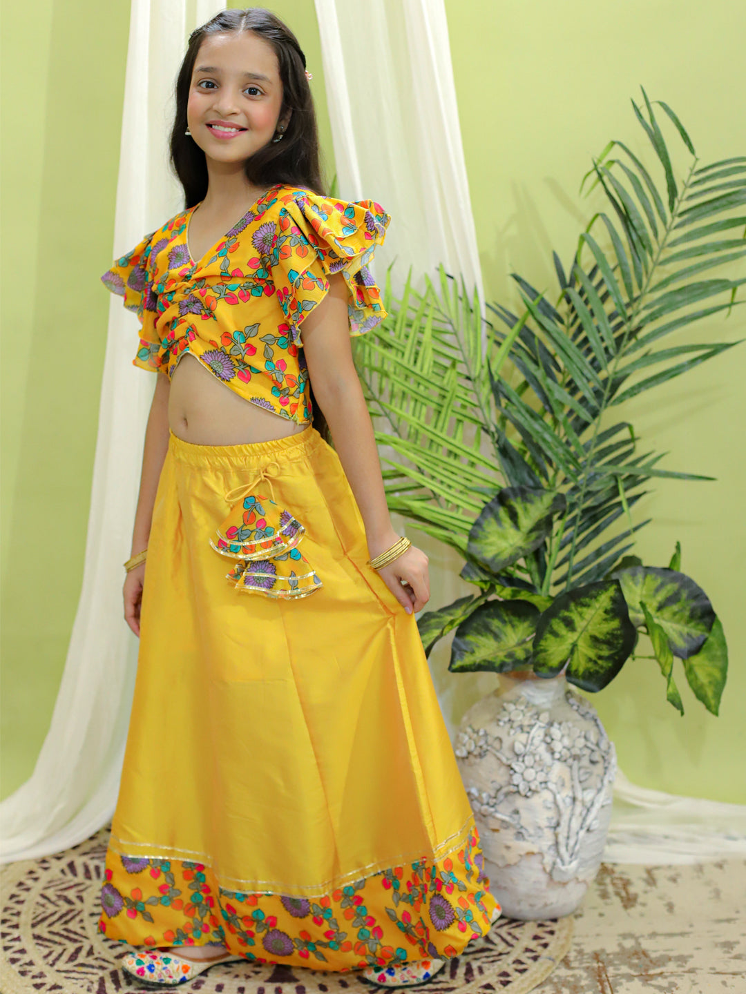 Chanderi Lehenga Choli Set for Girls - Yellow | BR23LC54YWB | DesiQlo