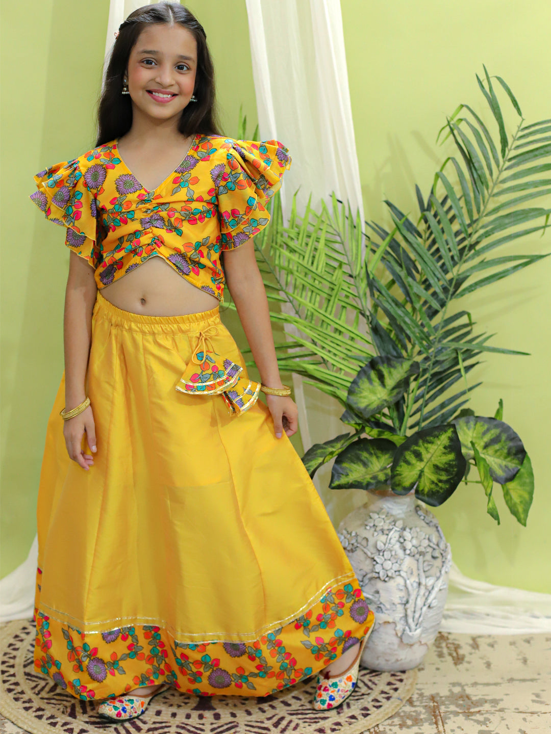 Chanderi Lehenga Choli Set for Girls - Yellow | BR23LC54YWB