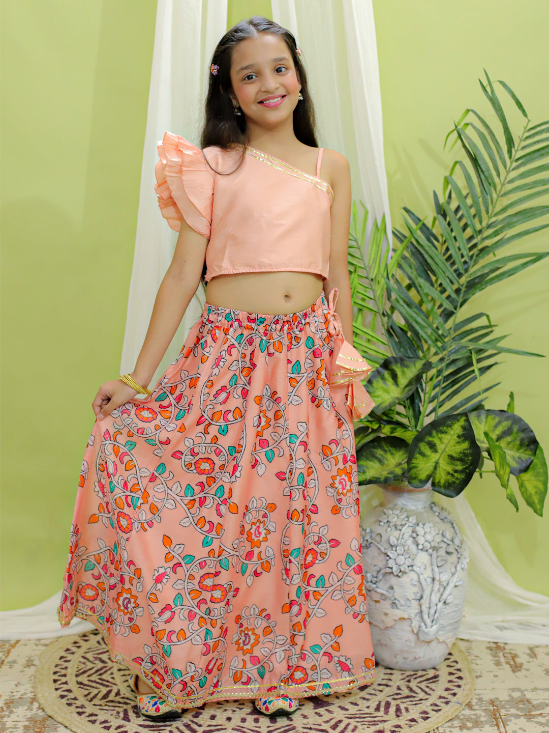 Chanderi Lehenga Choli Set for Kids - Peach | BR23LC55PHB | DesiQlo