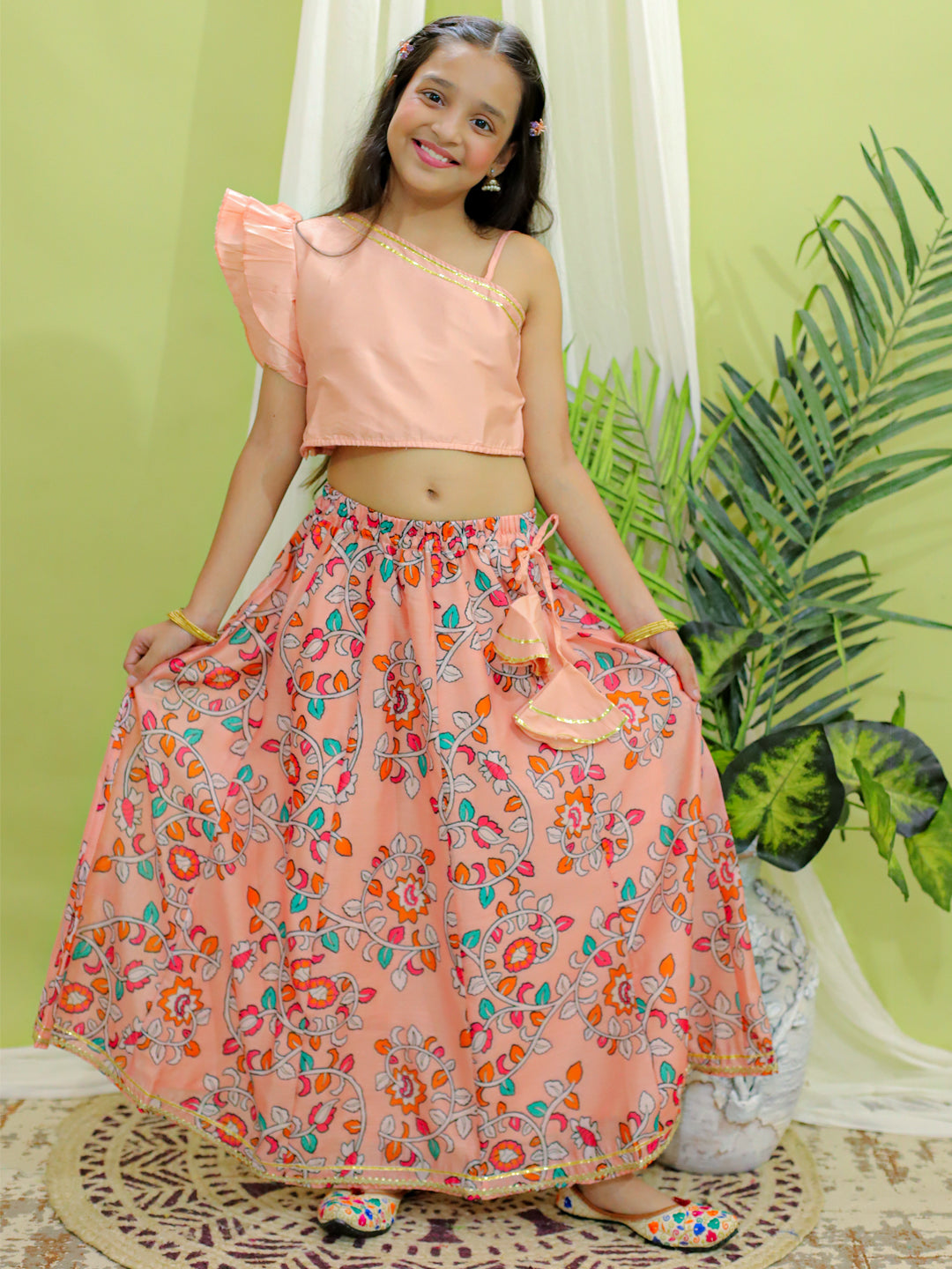 Chanderi Lehenga Choli Set for Kids - Peach | BR23LC55PHB | DesiQlo