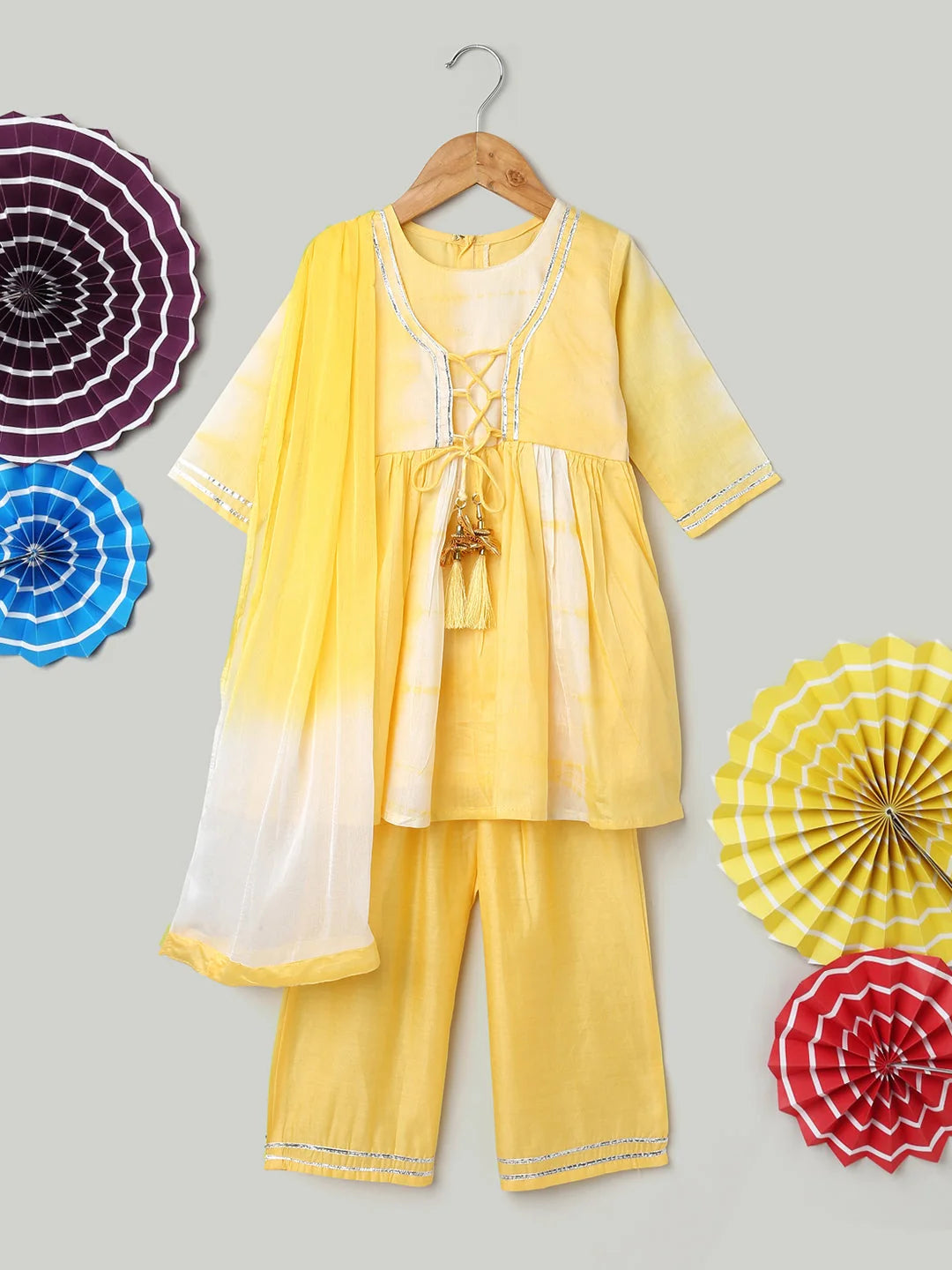 Hand Dyed Chanderi Silk Kurti Pant with Dupatta for Girls- Yellow-BR23SU34YWB