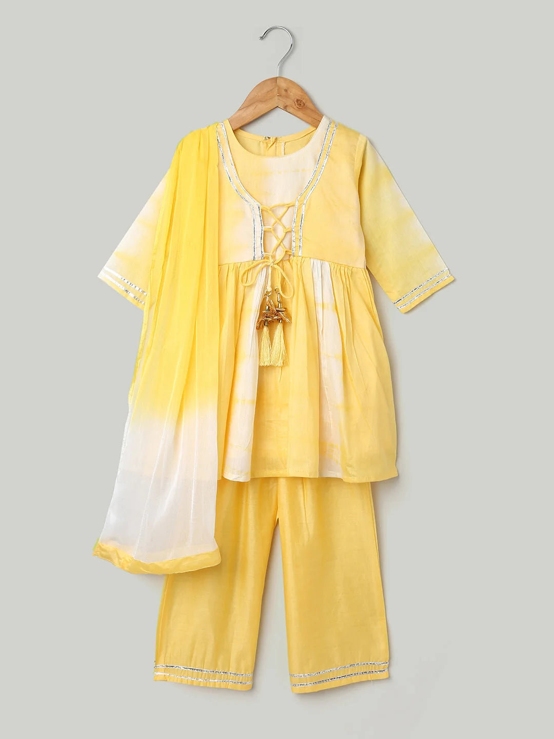 Yellow Chanderi Silk Kurti Pant Set for Girls | Indian Wear
