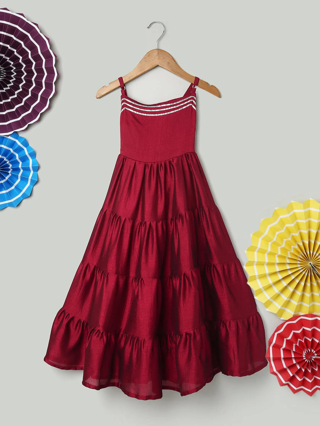 Tier Gown with Sequined Net Dupatta for Girls- Wine-BR24DR77WNB