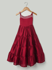 Tier Gown with Sequined Net Dupatta for Girls- Wine-BR24DR77WNB