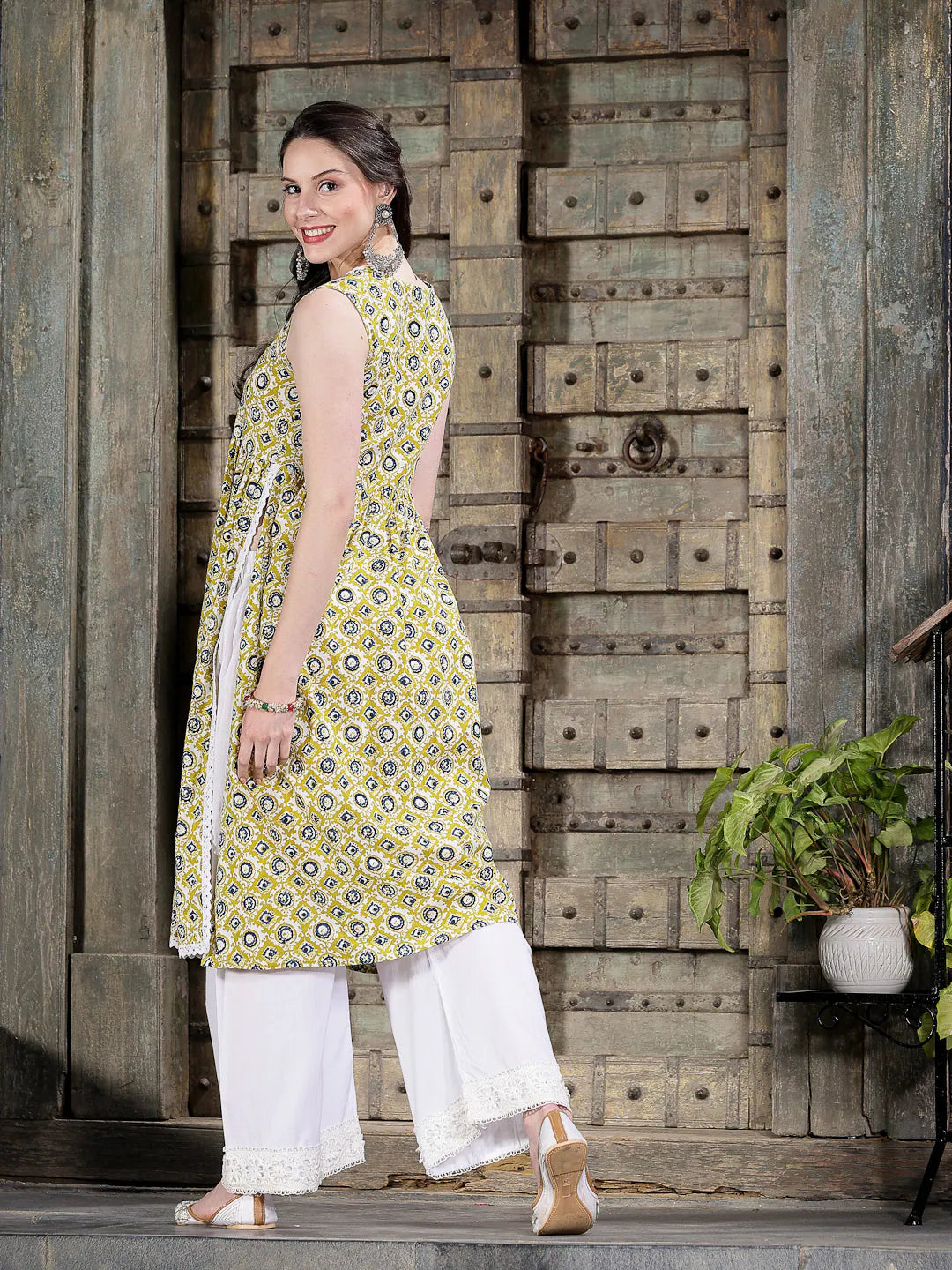 Geometric Cotton Kurta - Sleeveless A-Line Indian Kurta Ladies