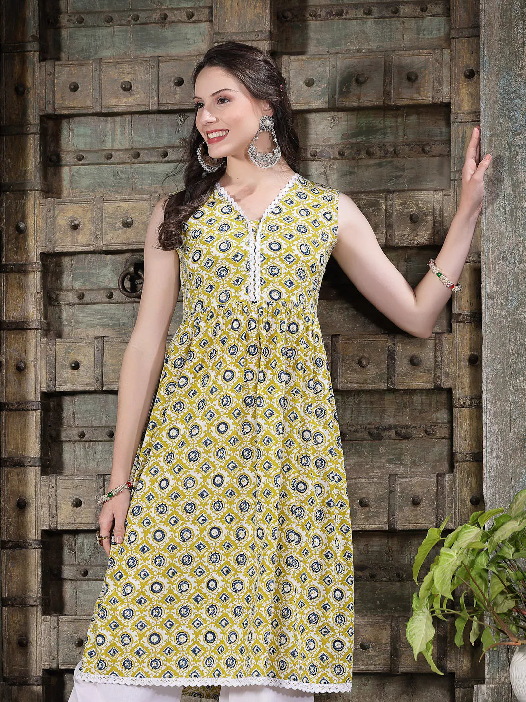 Geometric Cotton Kurta - Sleeveless A-Line Indian Kurta Ladies