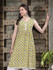 Women's Geometric Printed Cotton Pleated Kurta-BRAZIL