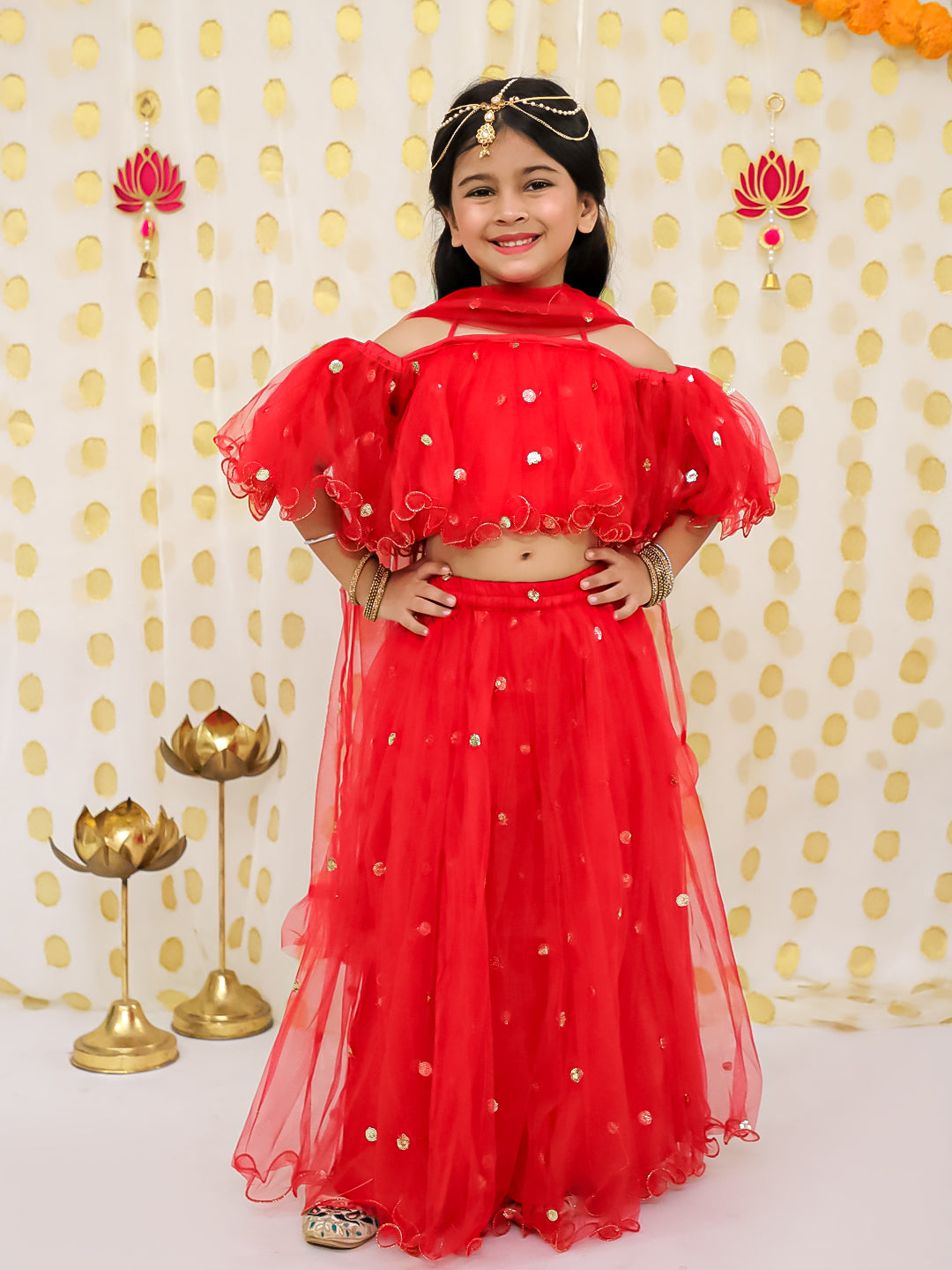 Net Lehenga Choli Set for Kids - Maroon | BS22LC34RDD | DesiQlo