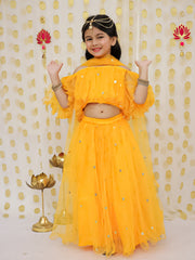 Net Lehenga Choli Set for Kids - Yellow | BS22LC34YWD