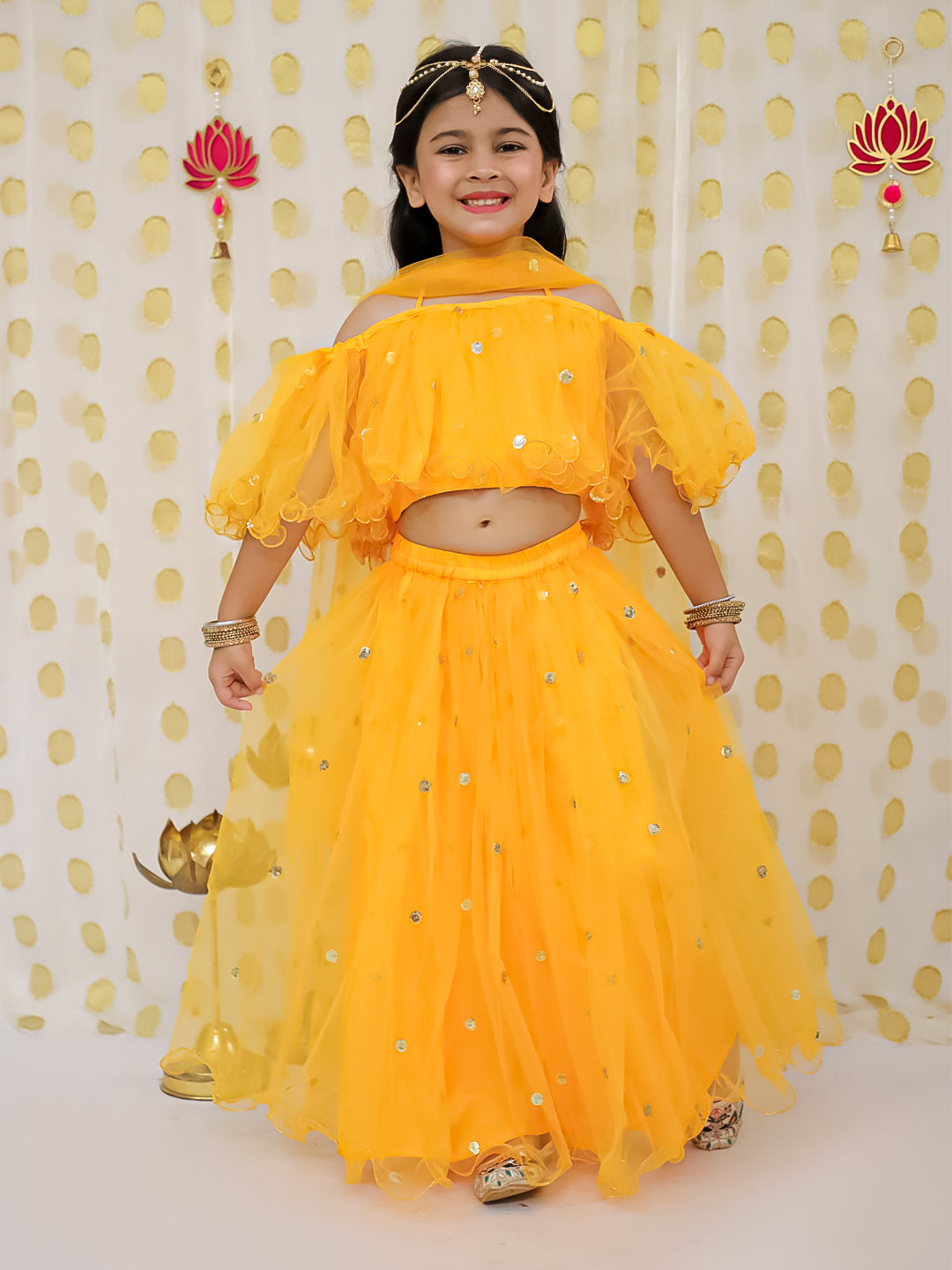 Net Lehenga Choli Set for Kids - Yellow | BS22LC34YWD