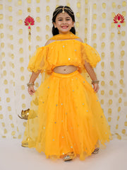 Net Lehenga Choli Set for Kids - Yellow | BS22LC34YWD