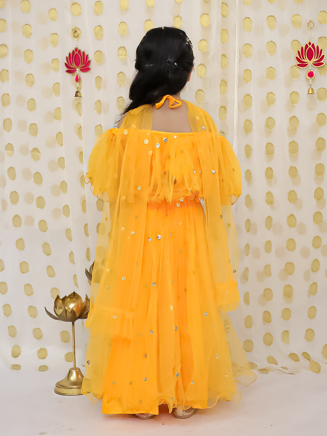 Net Lehenga Choli Set for Kids - Yellow | BS22LC34YWD | DesiQlo