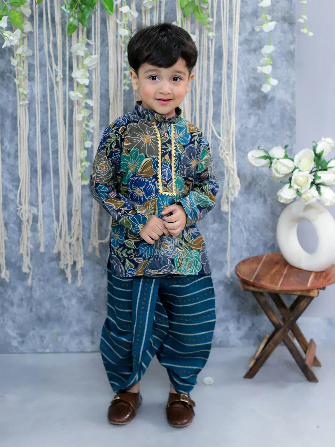 Cotton Blend Dhoti Kurta Set for Boys - Blue | BS24DK59BLA
