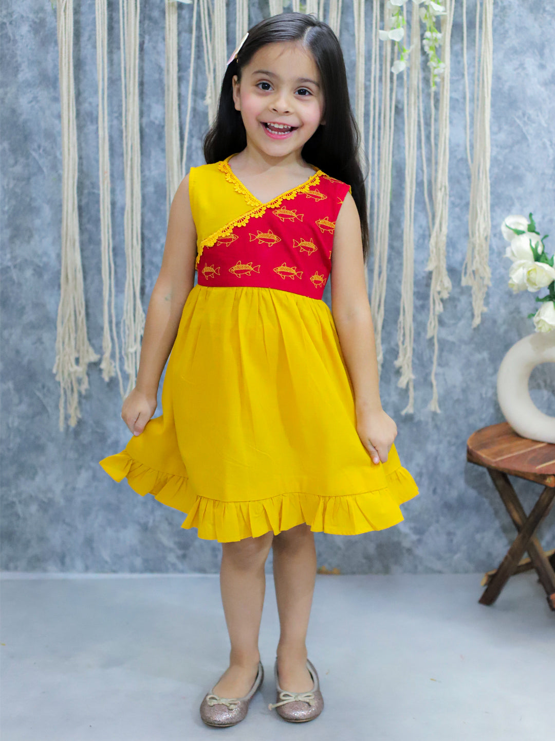 Pure Cotton Dress for Girls - Yellow | BS24DR62YWA