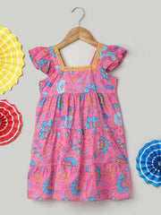 Printed Pure Cotton Summer Frock for Girls- Pink-BS24DR63PIB