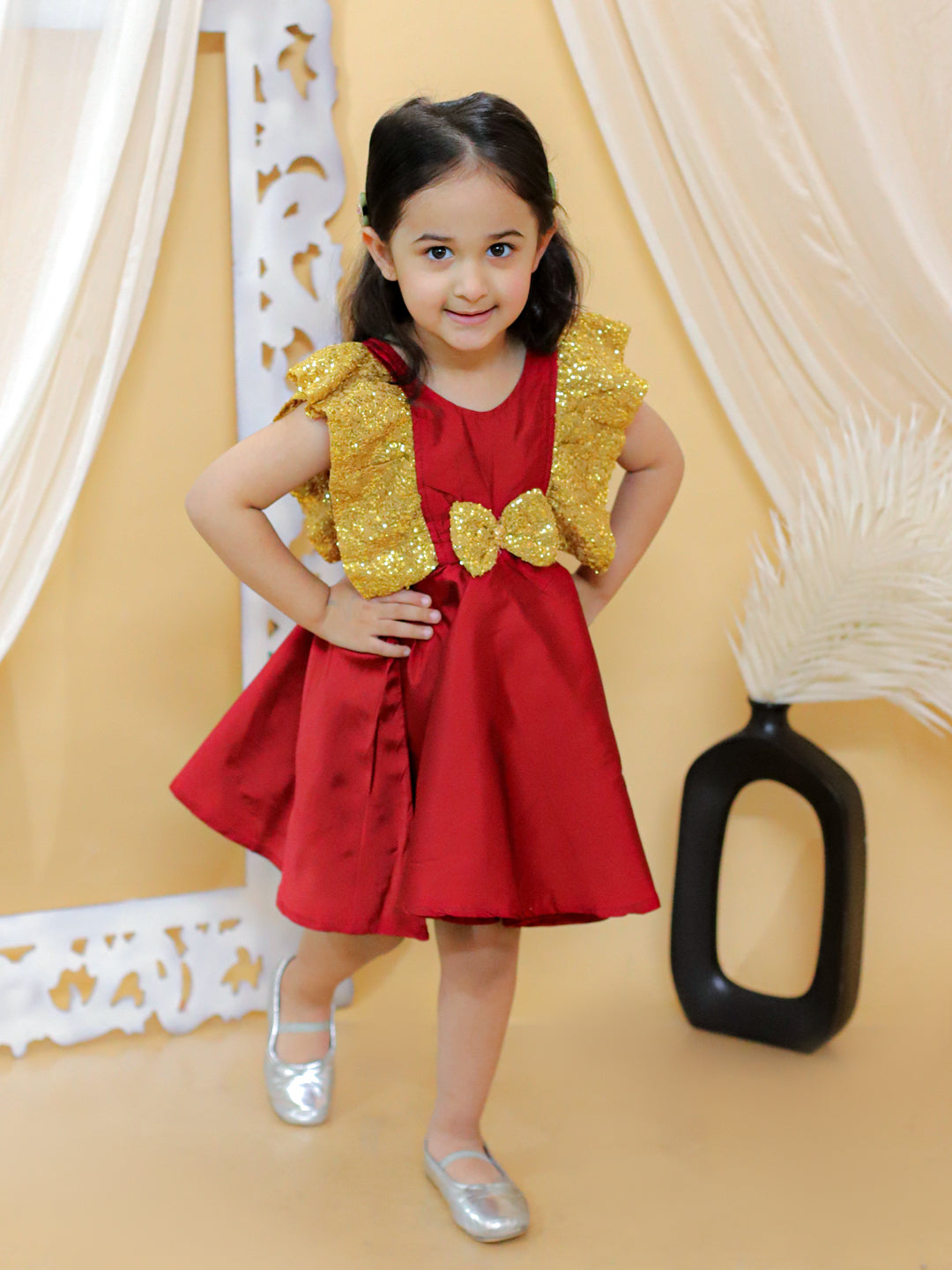 Taffeta Silk Dress for Girls - Maroon | BS24DR66RDA