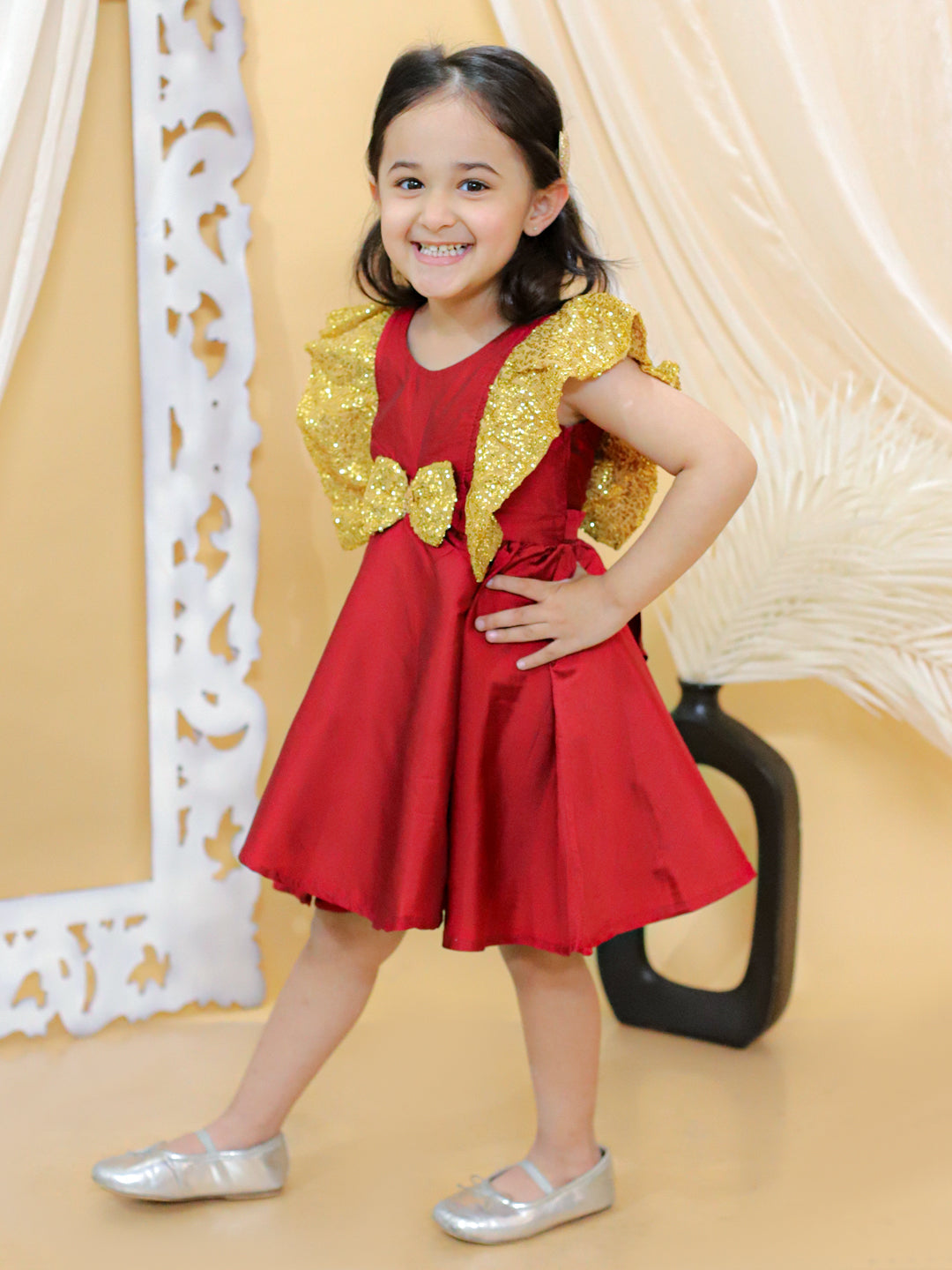 Taffeta Silk Dress for Girls - Maroon | BS24DR66RDA | DesiQlo