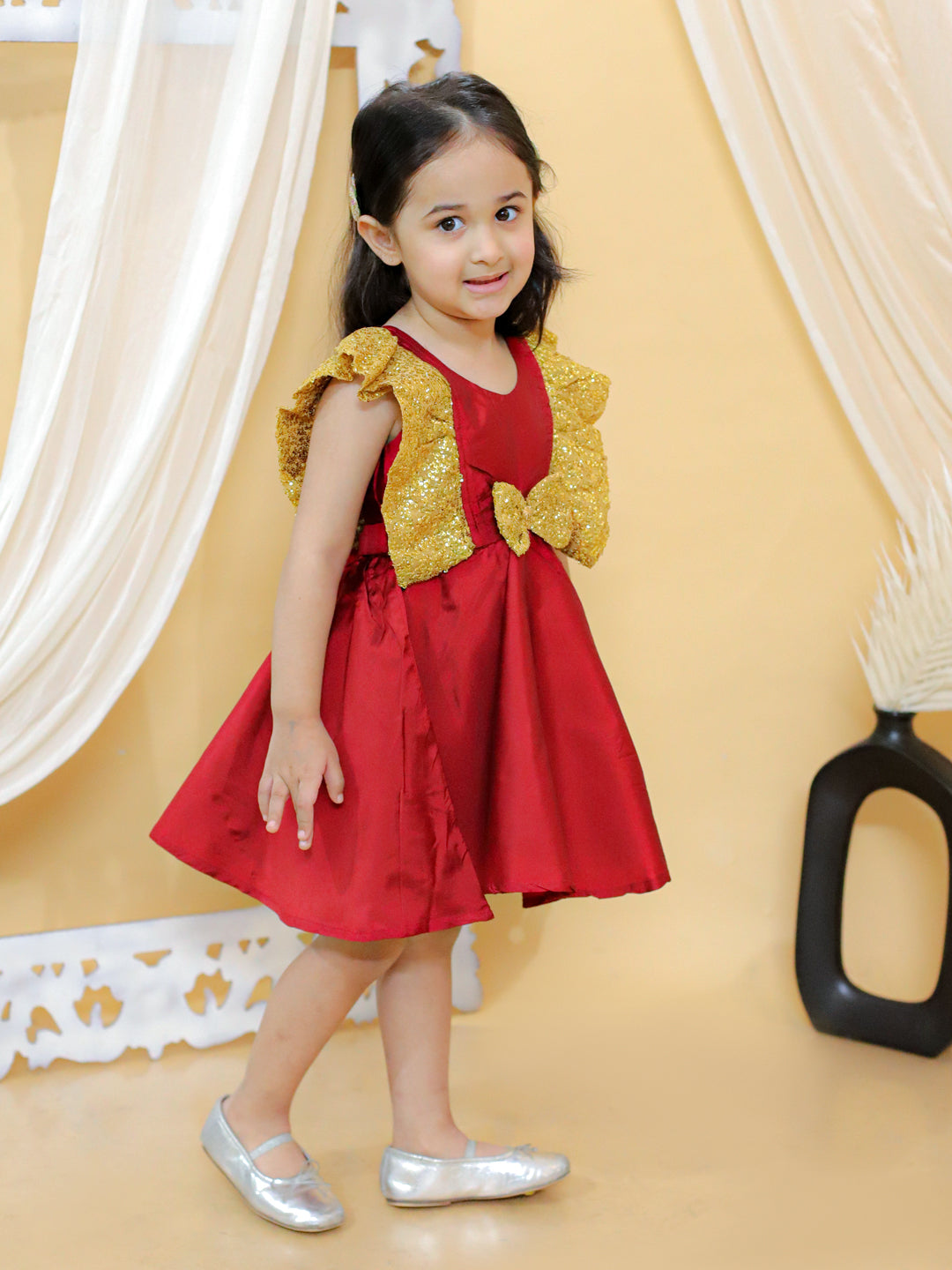 Taffeta Silk Dress for Girls - Maroon | BS24DR66RDA | DesiQlo