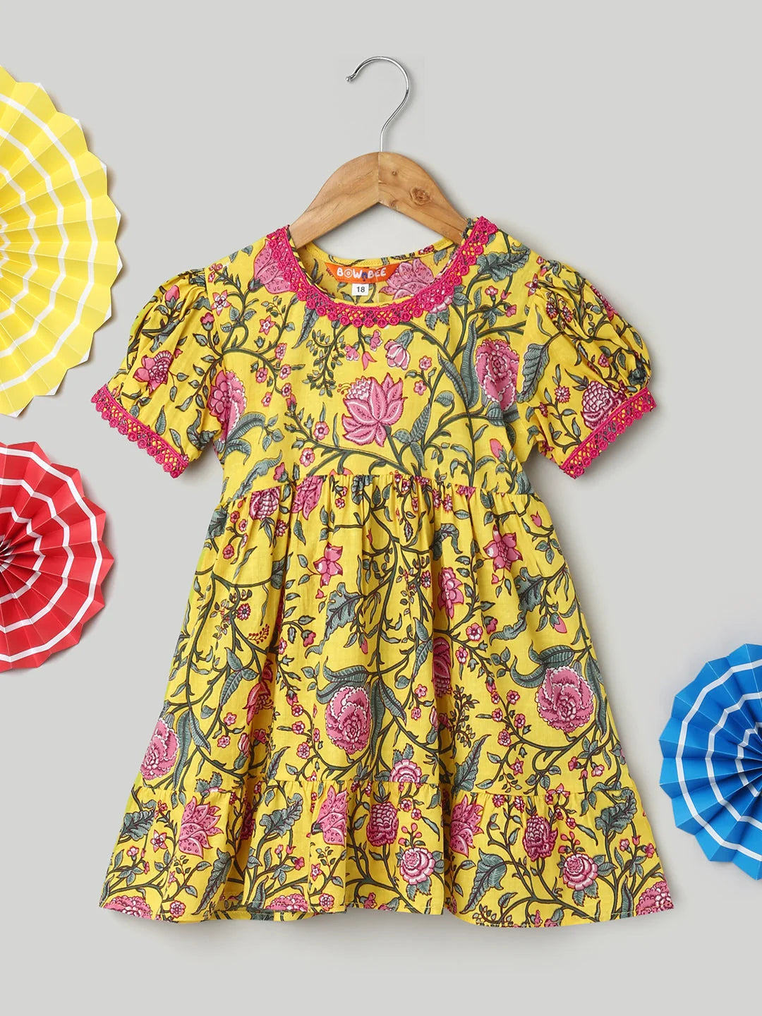 Pure Printed Cotton Puff Sleeve Summer Frock for Girls- Yellow-BS24DR76YWB
