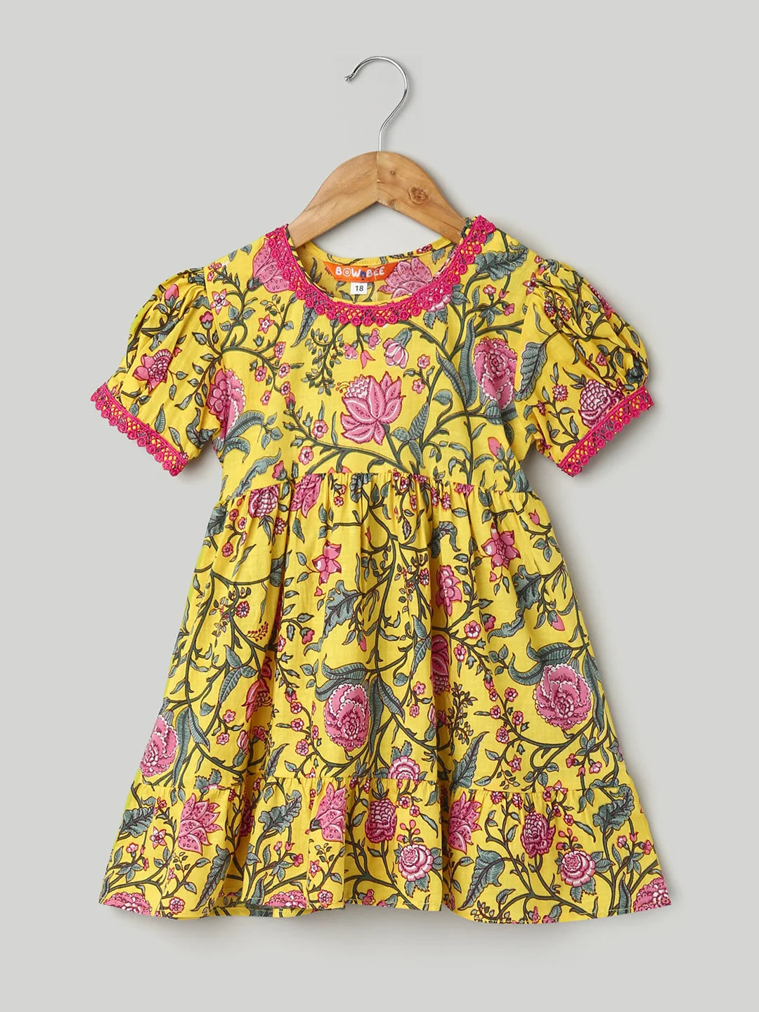 Yellow Cotton Puff Sleeve Girls Dress | Kids Dresses Online
