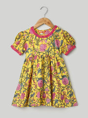 Pure Printed Cotton Puff Sleeve Summer Frock for Girls- Yellow-BS24DR76YWB