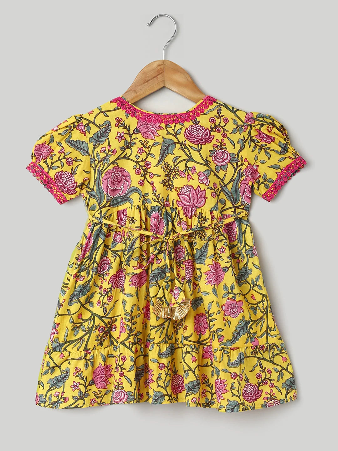 Yellow Cotton Puff Sleeve Girls Dress | Kids Dresses Online