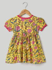 Pure Printed Cotton Puff Sleeve Summer Frock for Girls- Yellow-BS24DR76YWB