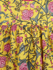 Pure Printed Cotton Puff Sleeve Summer Frock for Girls- Yellow-BS24DR76YWB