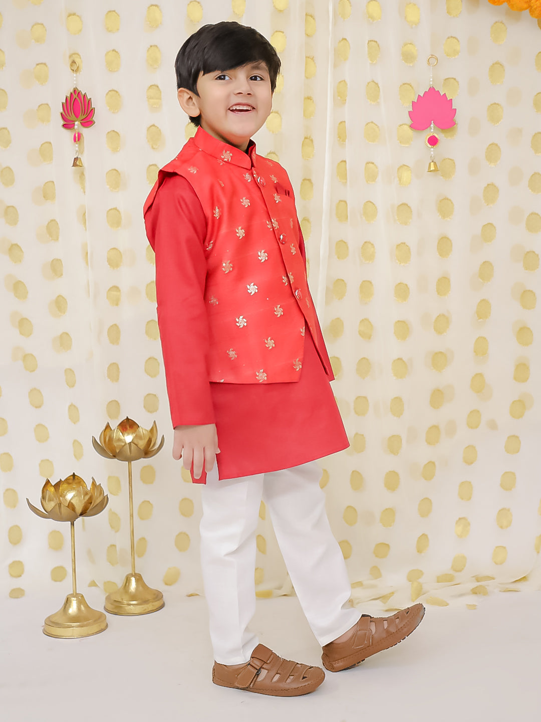 Cotton Kurta Pajama Set for Boys - Yellow | BS24KP67RDC | DesiQlo
