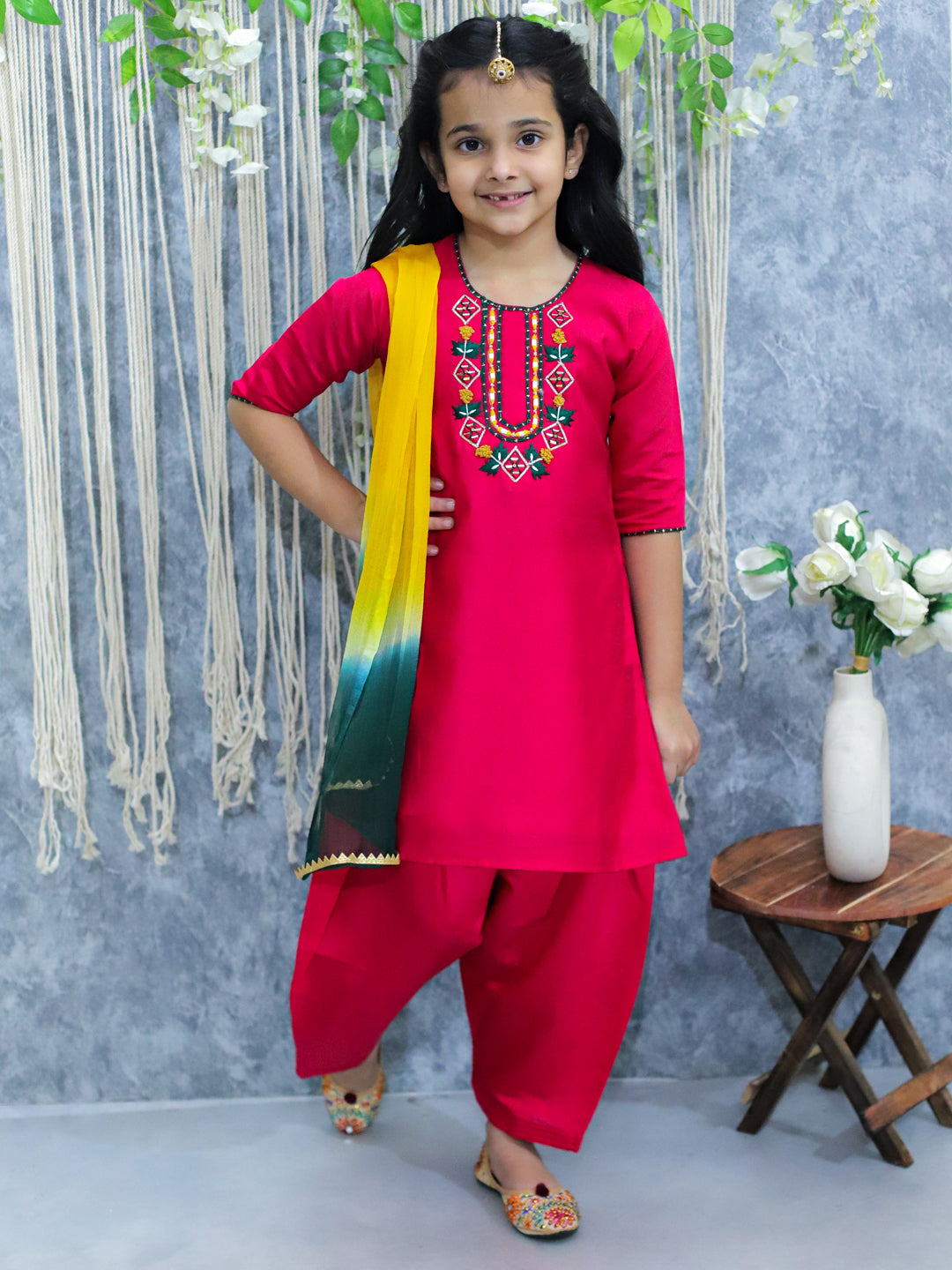 Silk Blend Ethnic Suit Set for Girls - Pink | BS24SU48PIA | DesiQlo