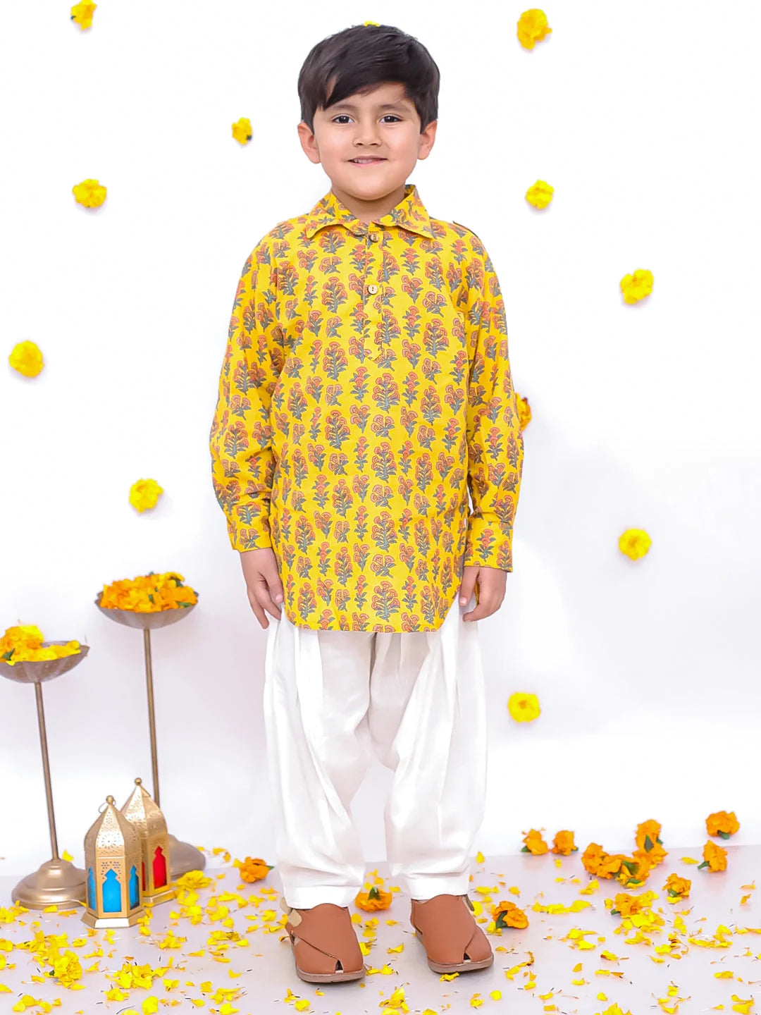 Pure Cotton Printed Pathani Kurta Salwaar Set For Boys - Yellow-BS25DK02YLA