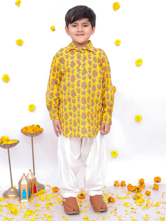 Pure Cotton Printed Pathani Kurta Salwaar Set For Boys - Yellow-BS25DK02YLA 1080